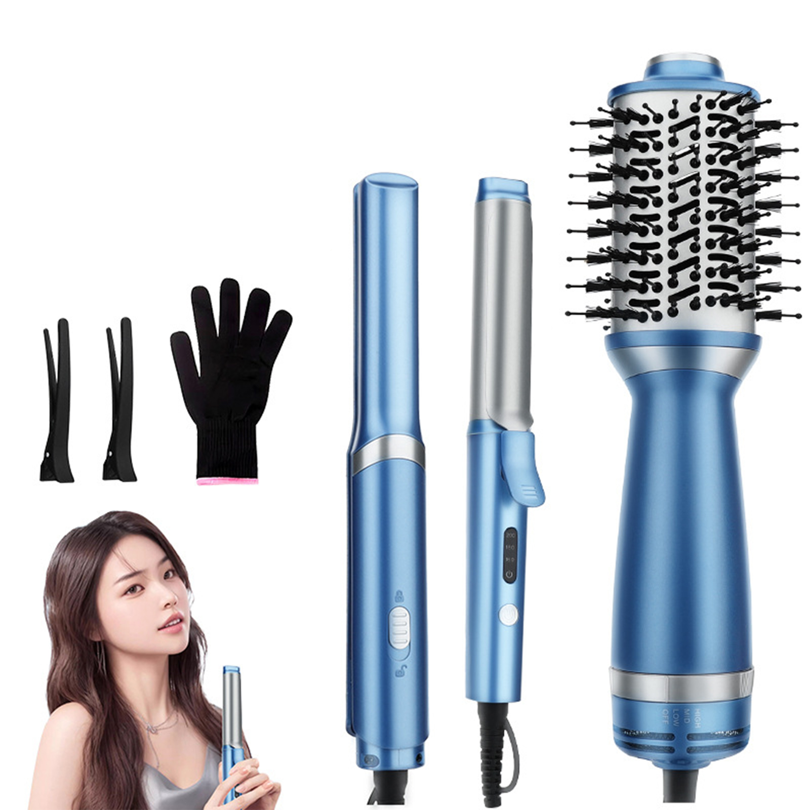 Haarstyling-Set mit blauem Föhn, Glätteisen, Lockenstab, Clips und einem Handschuh.