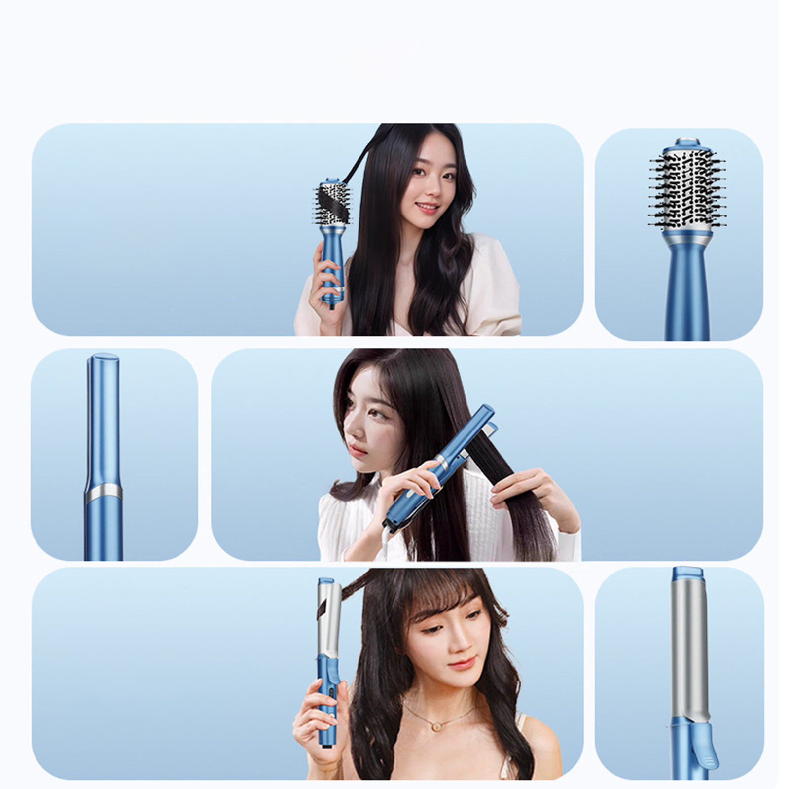 Mehrere Bilder von Frauen, die blaue Haarstyling-Tools verwenden: Bürste, Glätteisen und Lockenstab.