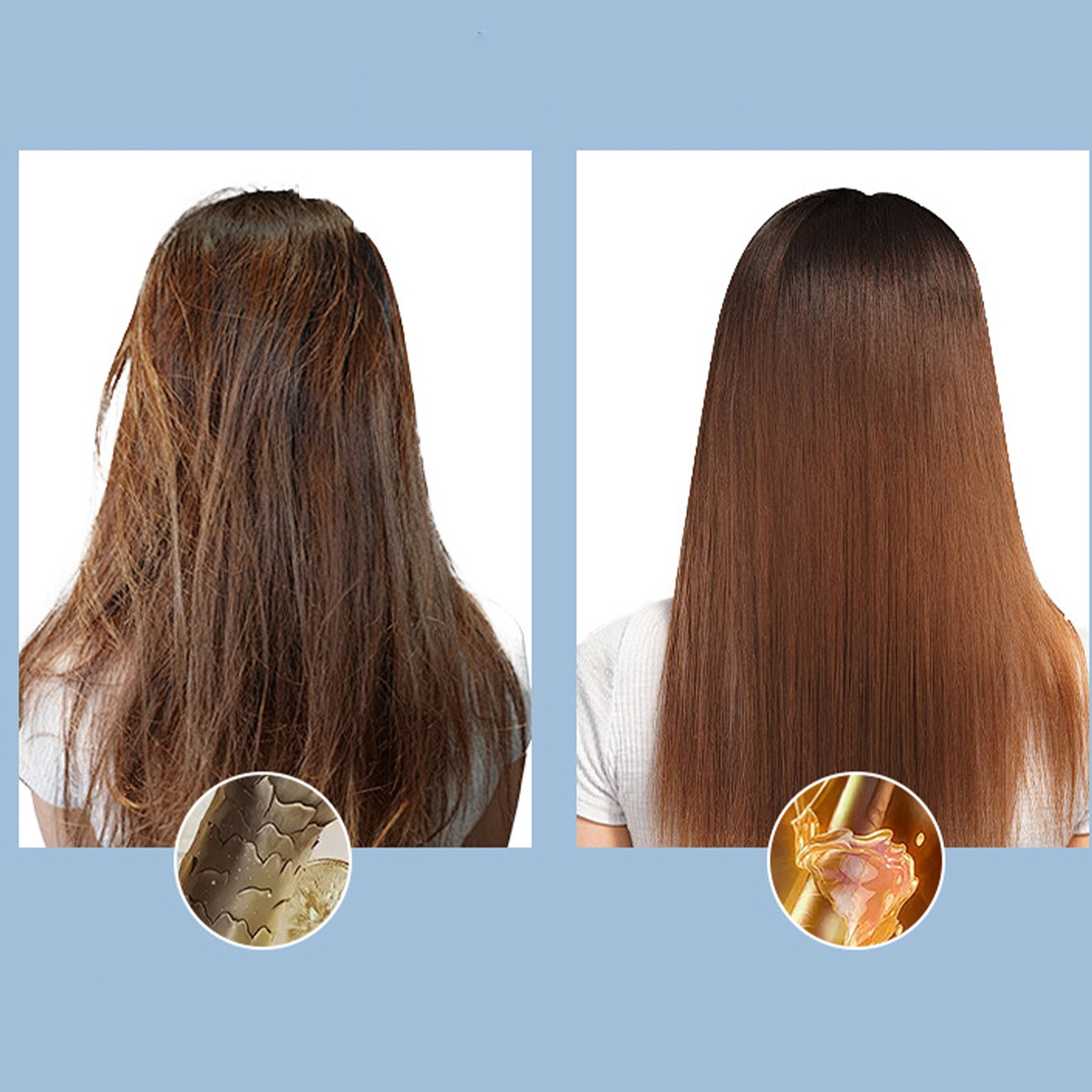 Vorher-Nachher-Haarbehandlung: geschädigtes braunes Haar links, glänzendes braunes Haar rechts, mit Produkt-Nahaufnahmen.