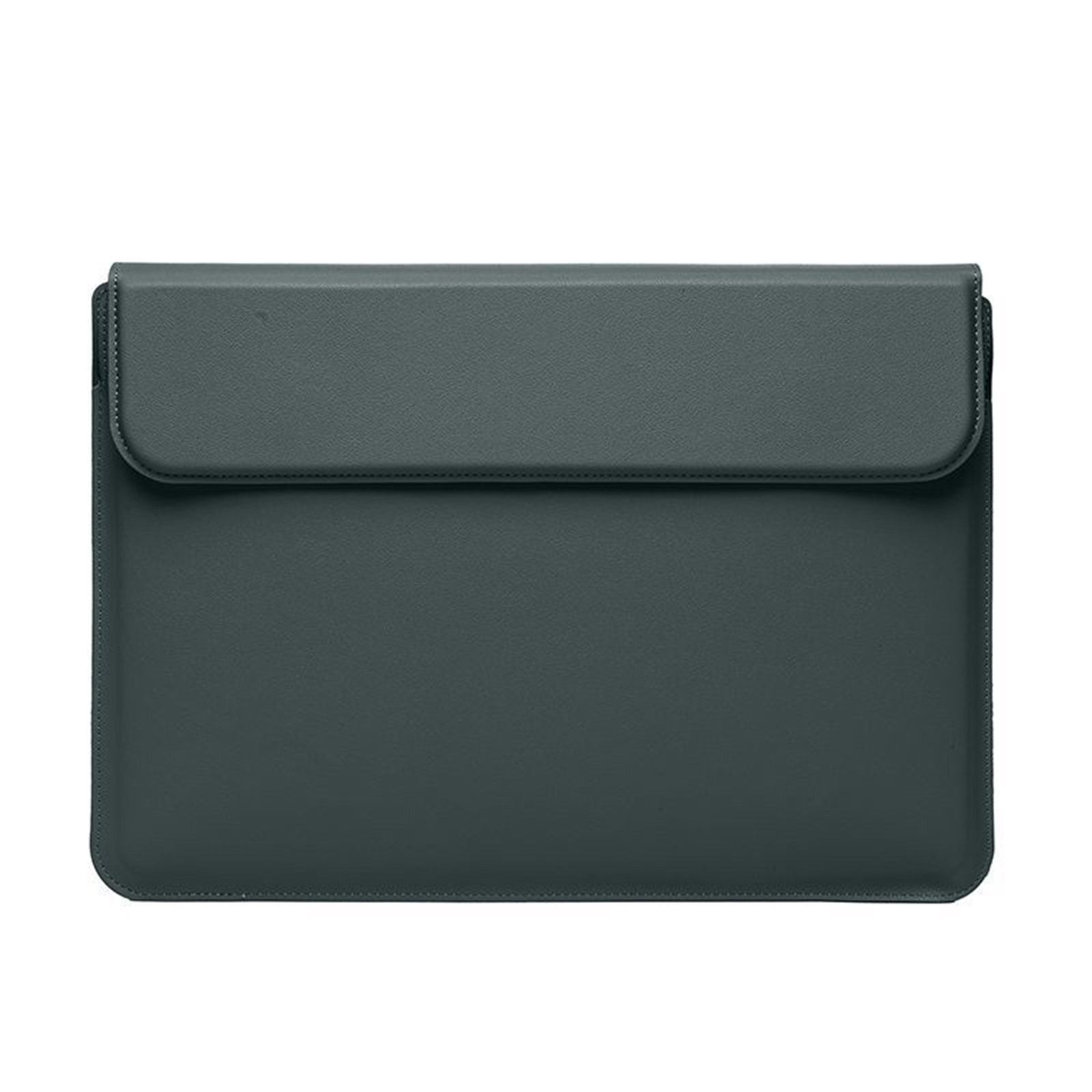 Dunkelgraue, lederartige Laptop-Hülle mit magnetischem Klappenverschluss. Sie ist schlicht und rechteckig.