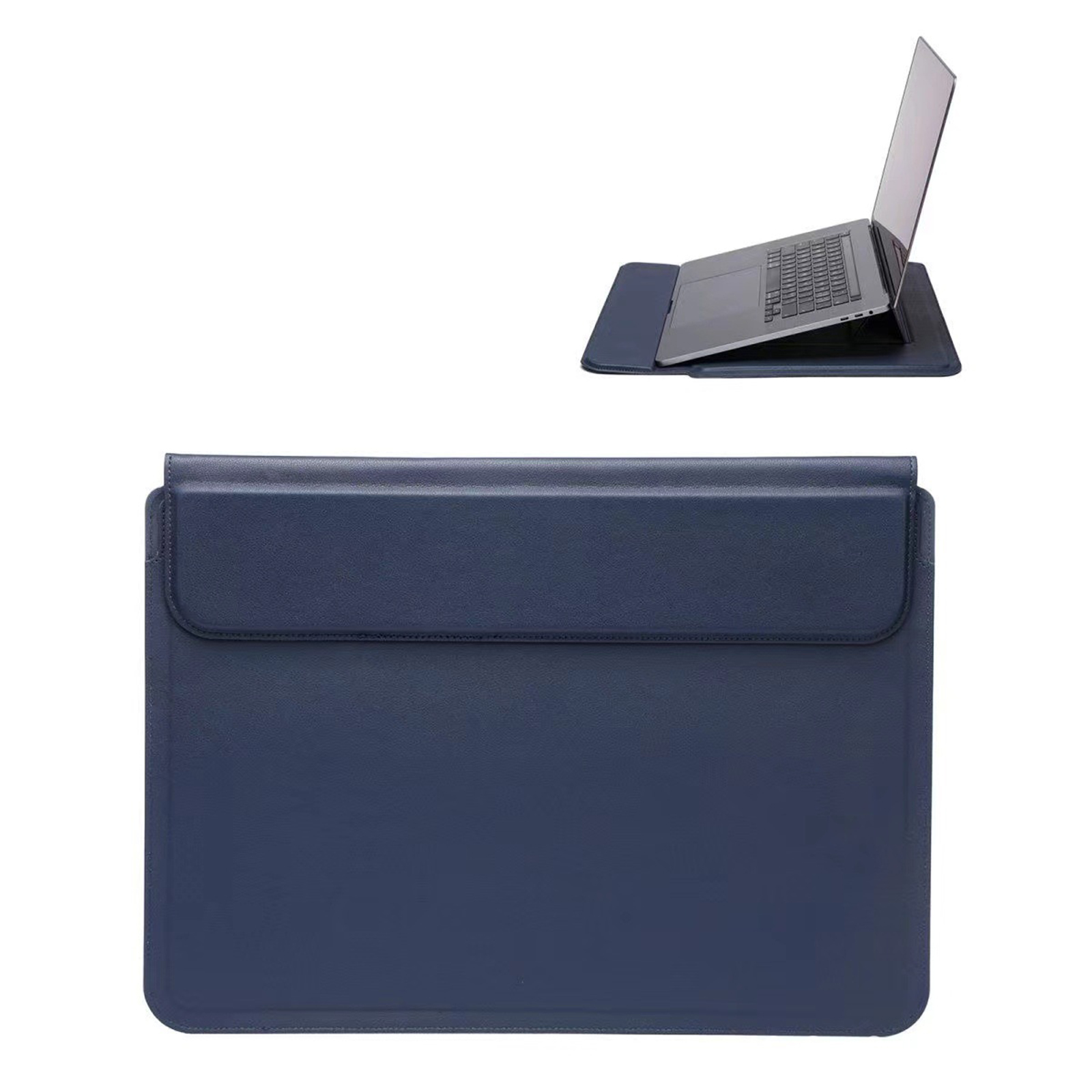 Ein Laptop in einer blauen Hülle mit Klappe. Ein weiterer Laptop ruht oben auf einem Ständer.