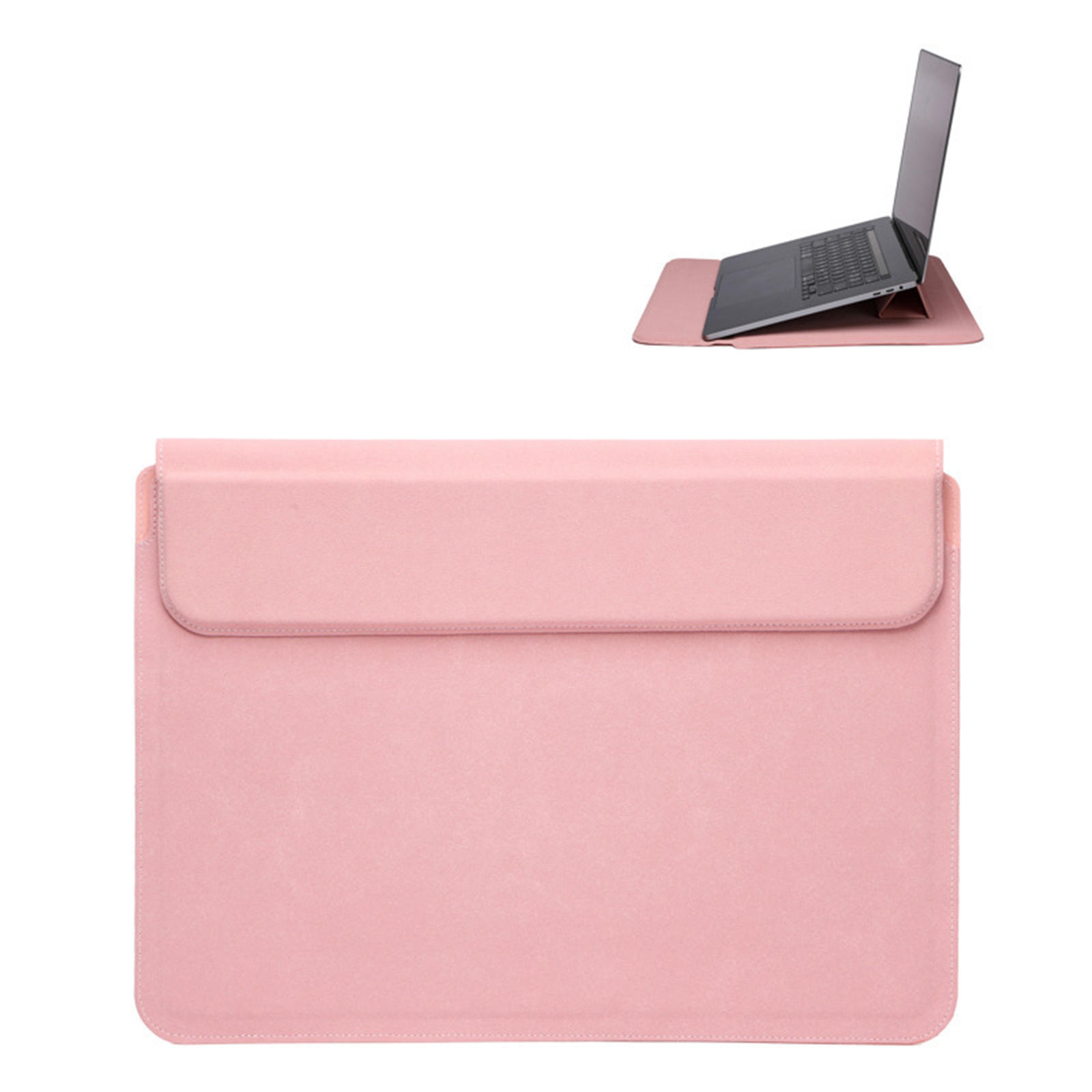 Eine pinke Laptop-Hülle mit einem Laptop darin und darauf. Die Hülle ist geschlossen.