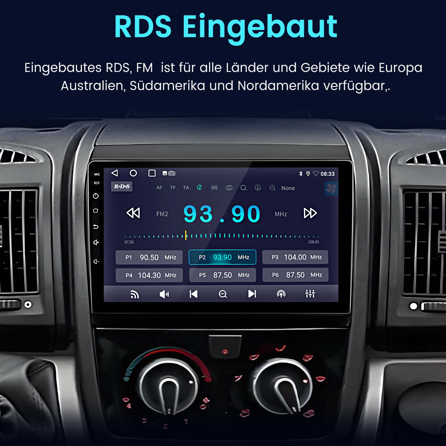 Autoradio con RDS, frequenza FM, pulsanti e display.