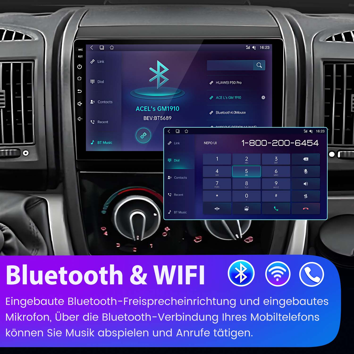 Deska rozdzielcza samochodu z wyświetlaczem Bluetooth i WiFi. Pokazuje opcje telefonu, kontaktów i muzyki.