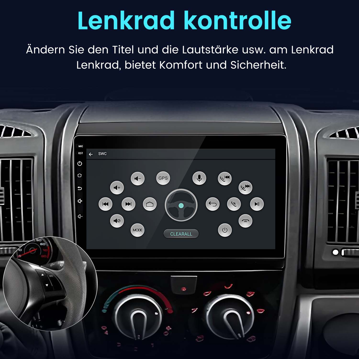 Deska rozdzielcza samochodu z ekranem, przyciskami i tekstem 'Lenkrad kontrolle'.