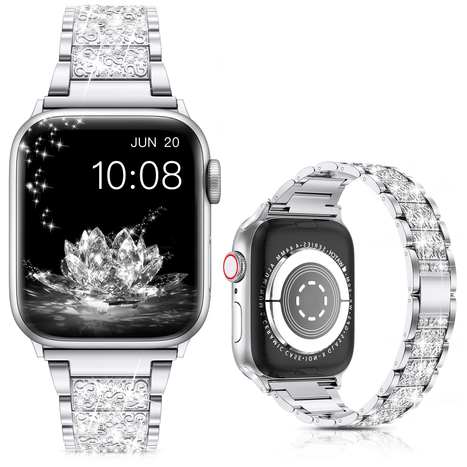 Eine silberne Smartwatch mit dekorativem Armband. Der Bildschirm zeigt Datum und Uhrzeit mit floralem Design an.