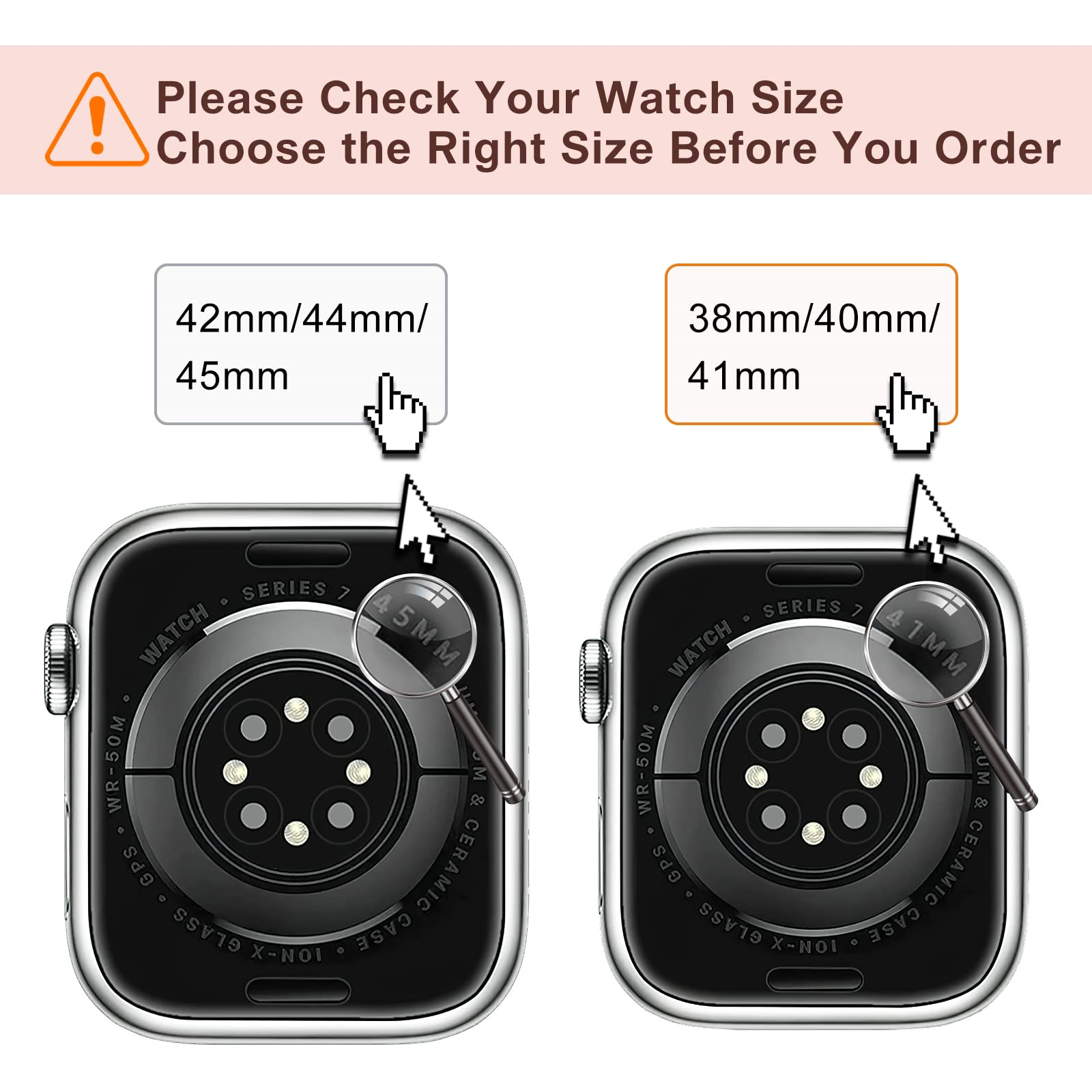 Bild zeigt zwei Apple Watches. Eine hat 45 mm Größe, die andere 41 mm. Beide haben eine Lupe.