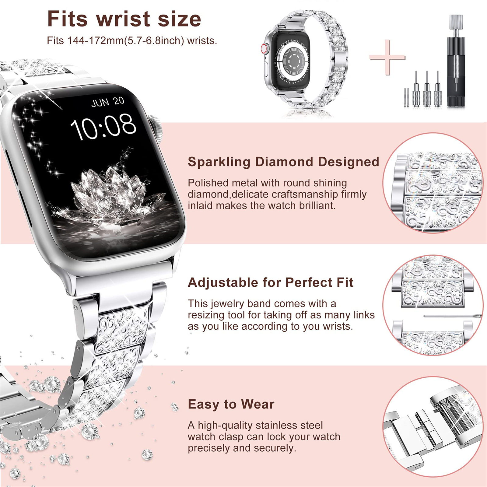 Silbernes Uhrenarmband mit Diamanten, Zifferblatt mit Datum und Uhrzeit sowie Werkzeug zur Anpassung im Detail.