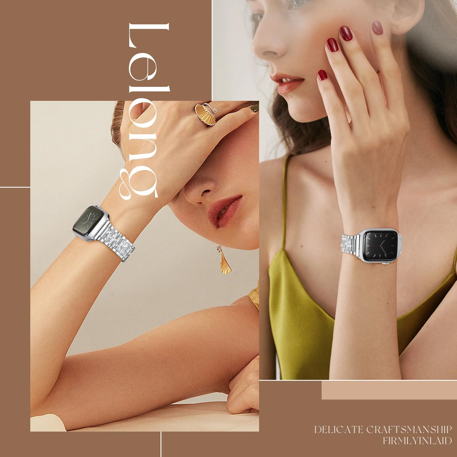 Frau trägt eine Uhr am Handgelenk. Eine weitere Uhr rechts. Das Wort "Lelong" steht oben links.