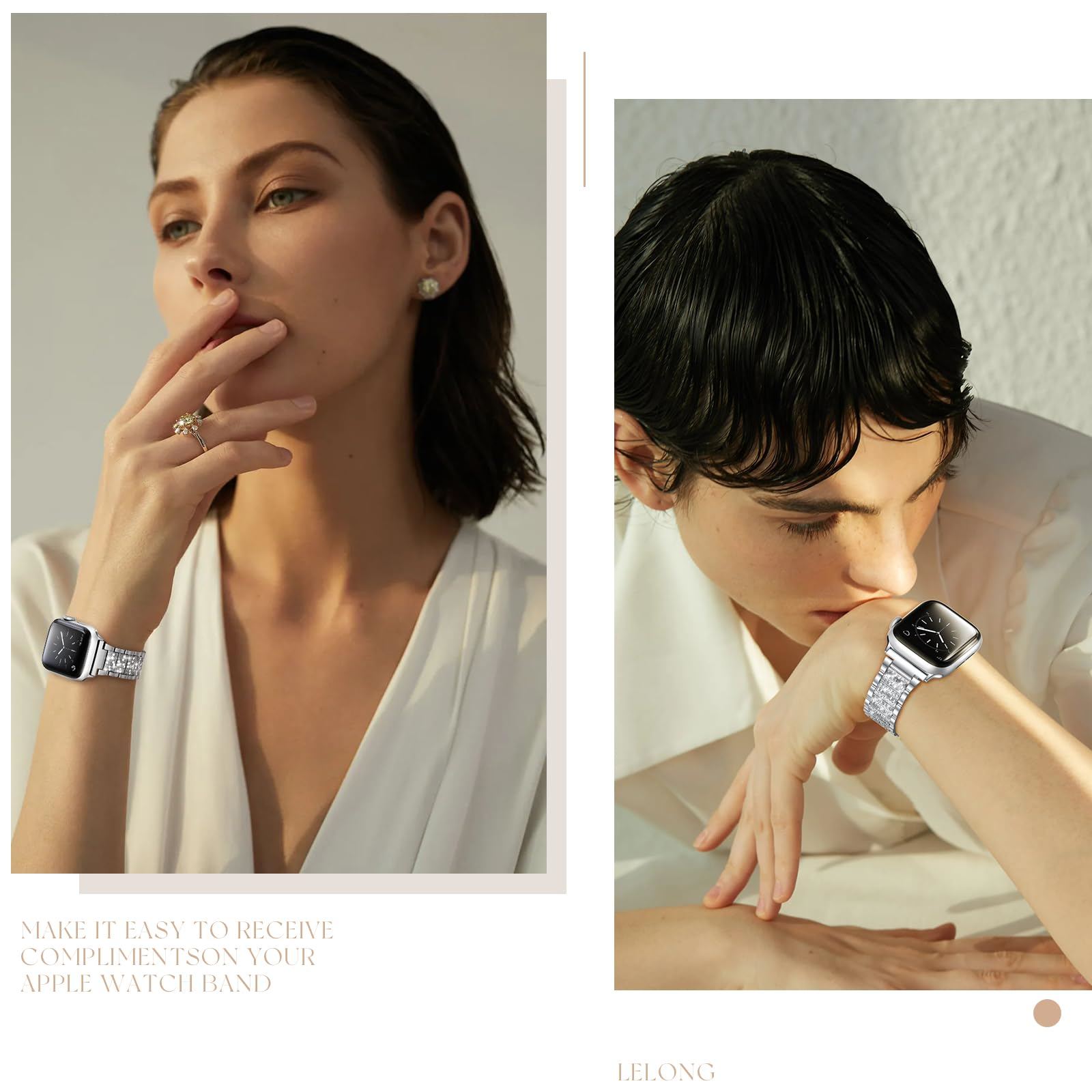 Zwei Frauen tragen Apple Watches mit silbernem Armband. Text: Machen Sie es leicht, Komplimente zu erhalten.