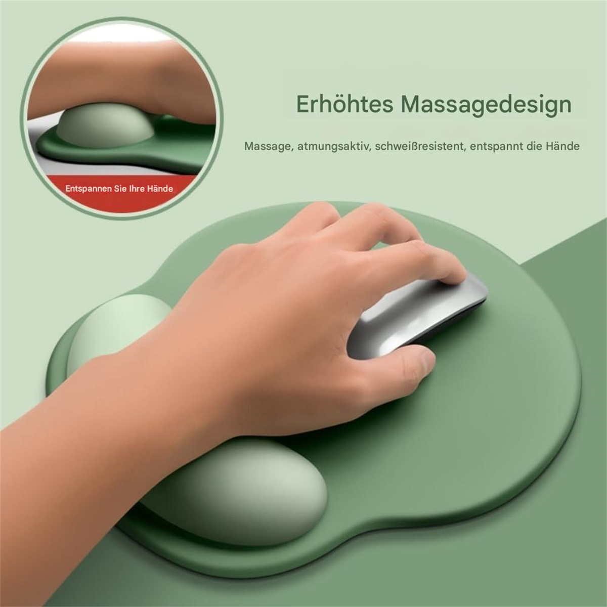 Die Hand einer Person, die ein grünes Mousepad mit Handgelenkauflage benutzt.