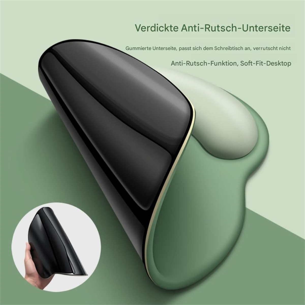 Ein schwarzes und grünes ergonomisches Mousepad. Text: 'Verdickte Anti-Rutsch-Unterseite'.