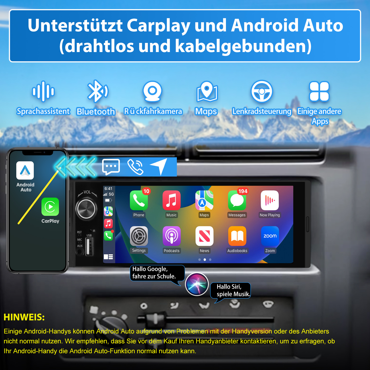 Ekran radia samochodowego z Android Auto i CarPlay, z ikonami aplikacji i smartfonem.