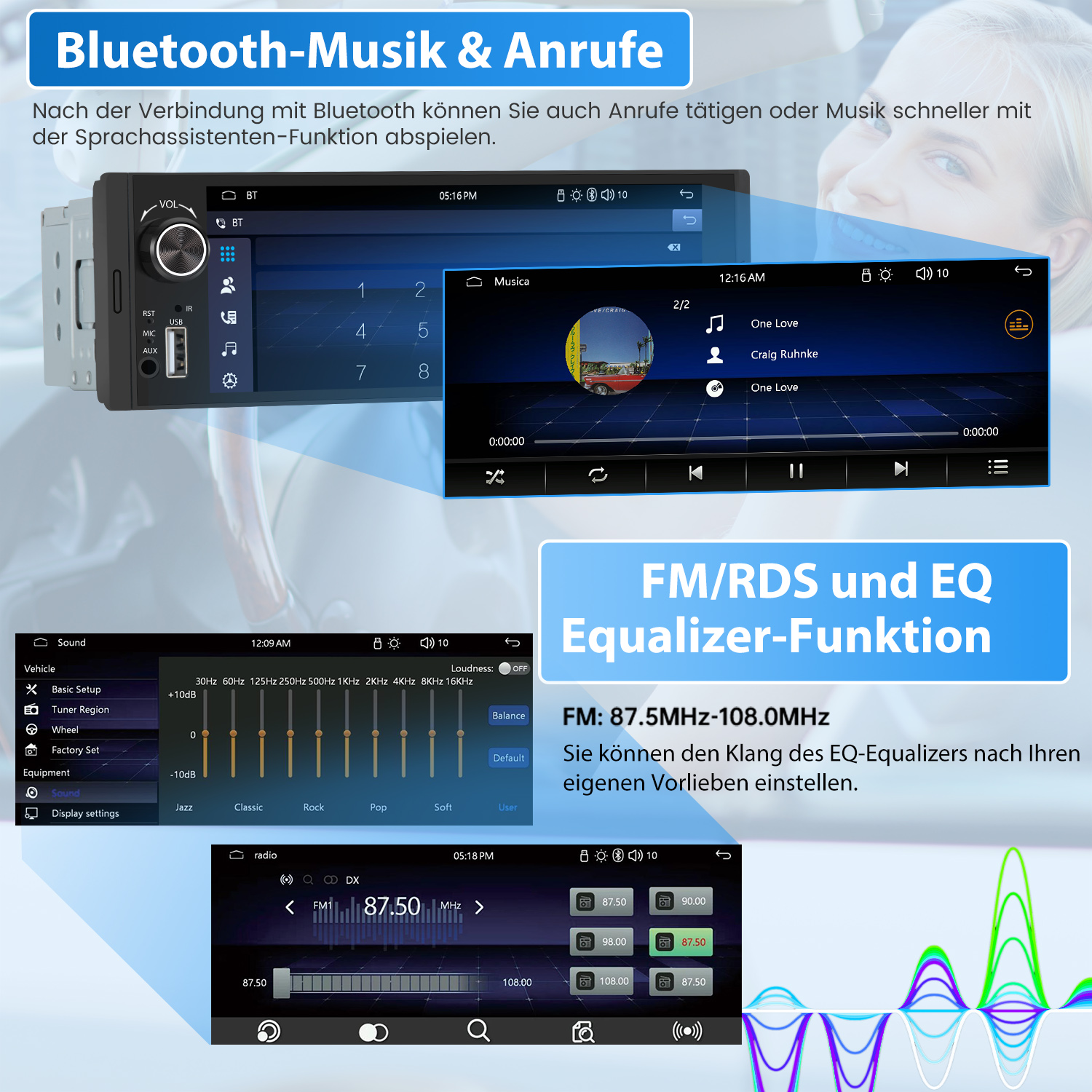 Interfejs systemu audio w samochodzie. Wyświetla różne funkcje, w tym odtwarzanie muzyki i ustawienia radia.