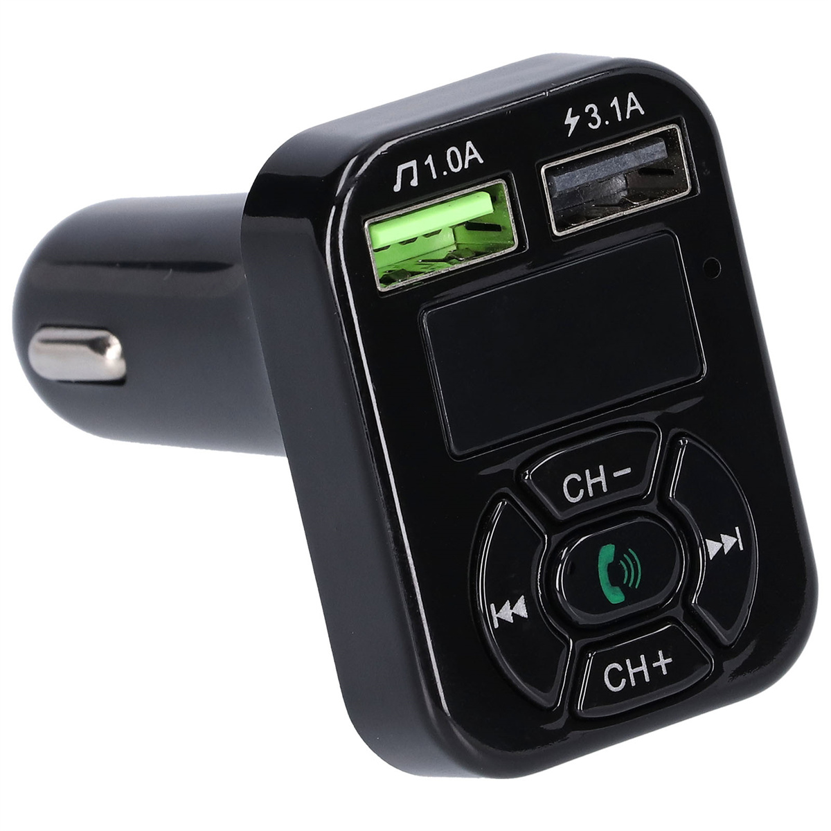 Schwarzes Autoladegerät mit USB-Anschlüssen, Display und Steuertasten.
