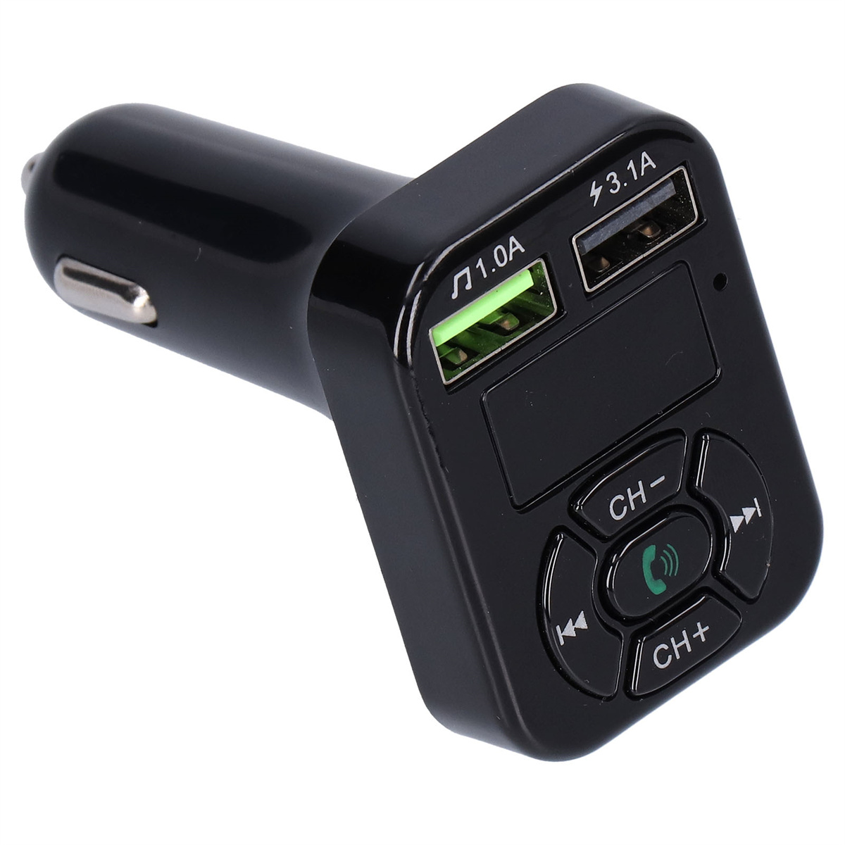 Ein schwarzes Autoladegerät mit zwei USB-Anschlüssen und Tasten. Es hat ein Digitaldisplay.