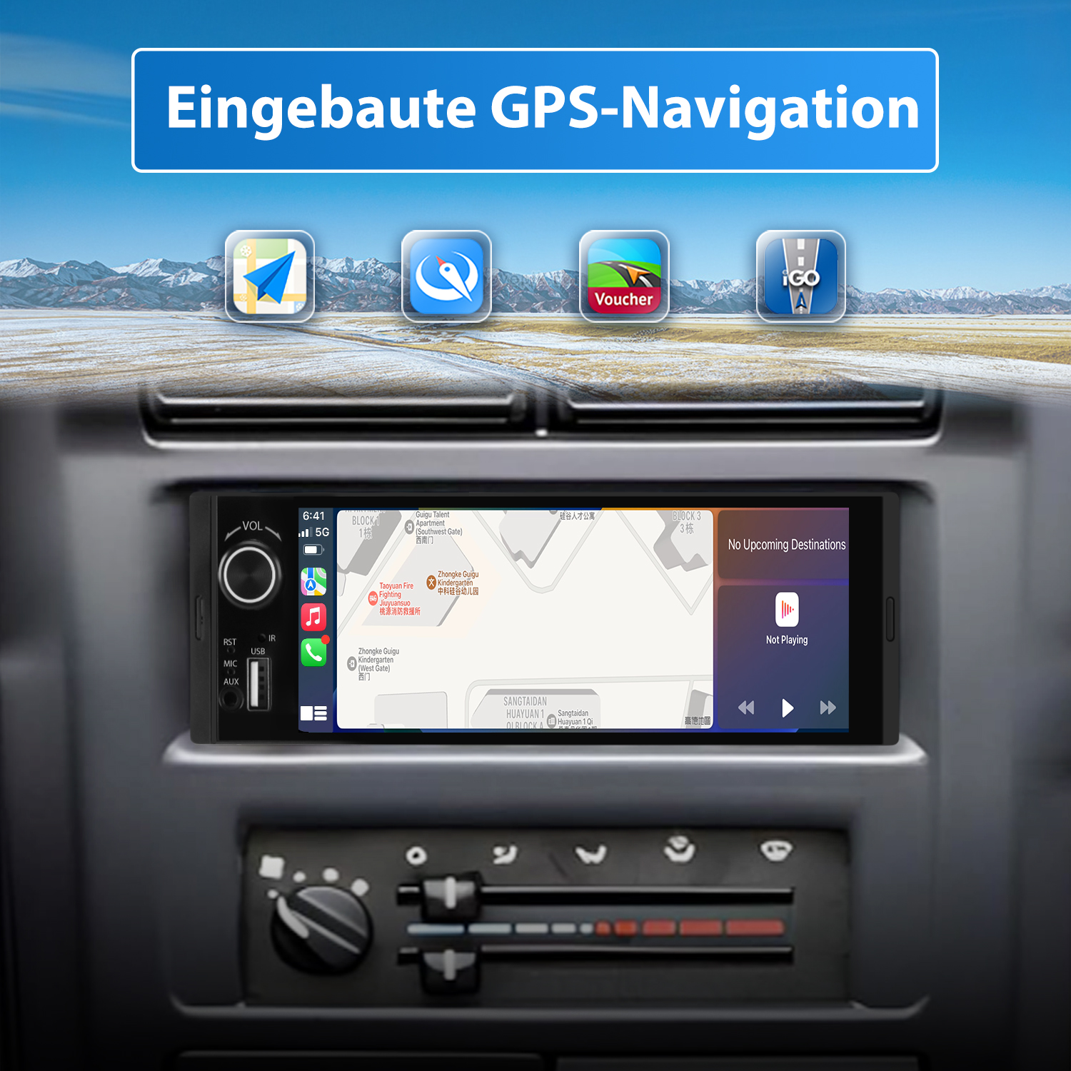 System nawigacji samochodowej z mapą. Tekst: 'Wbudowana nawigacja GPS'.