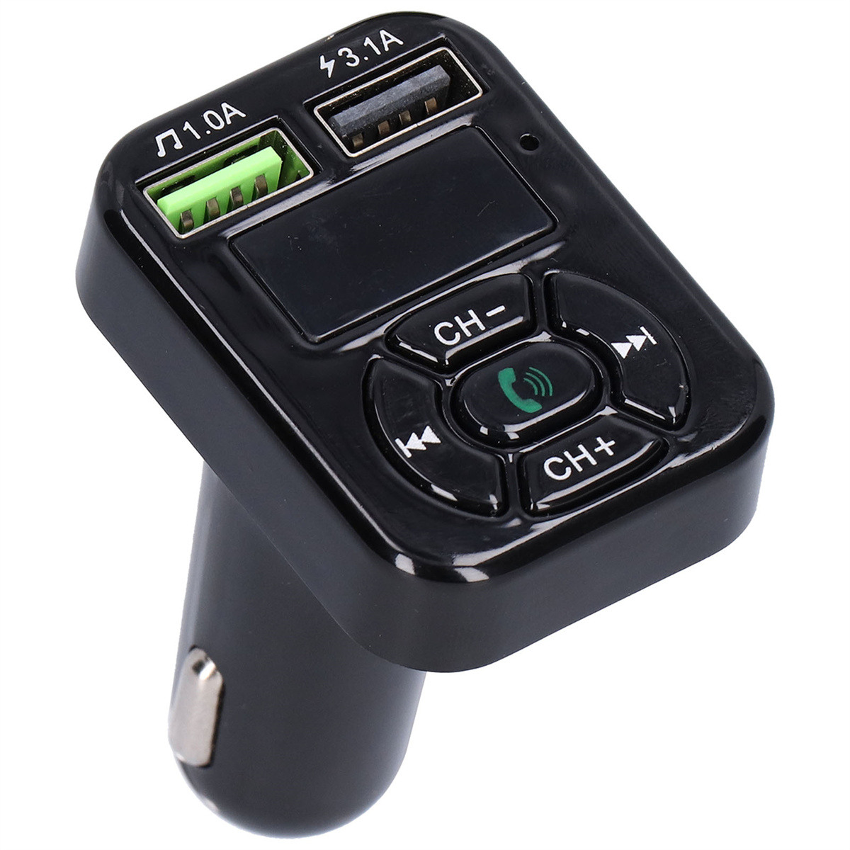 Schwarzer Auto-Adapter mit USB-Anschlüssen und Bedientasten, schräge Ansicht.