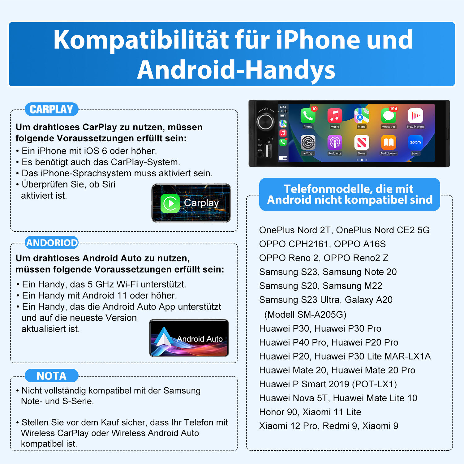 Informacje o kompatybilności telefonu z systemem audio w samochodzie i ekran w rogu.