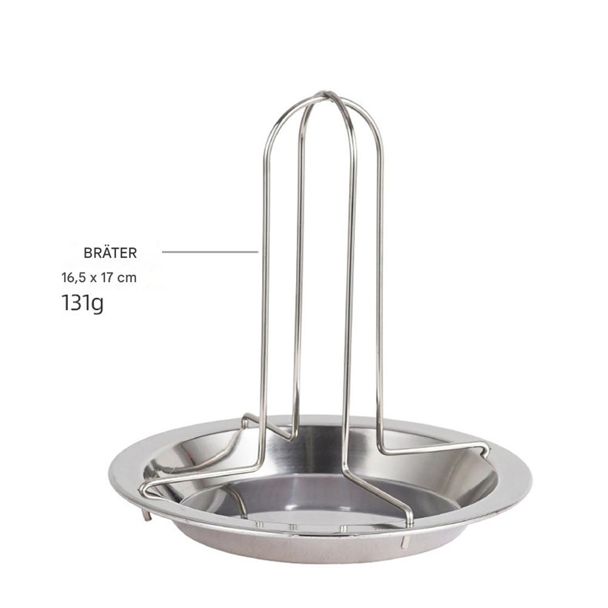 Hähnchenbräter aus Edelstahl. Silberne Metallpfanne mit zentraler Halterung. Weißer Hintergrund.