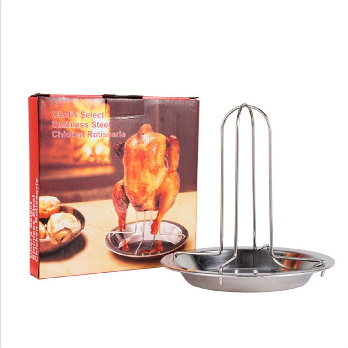 Hähnchen-Rotisserie mit gekochtem Hähnchen und Karton. Mit Edelstahlständer und Tablett.