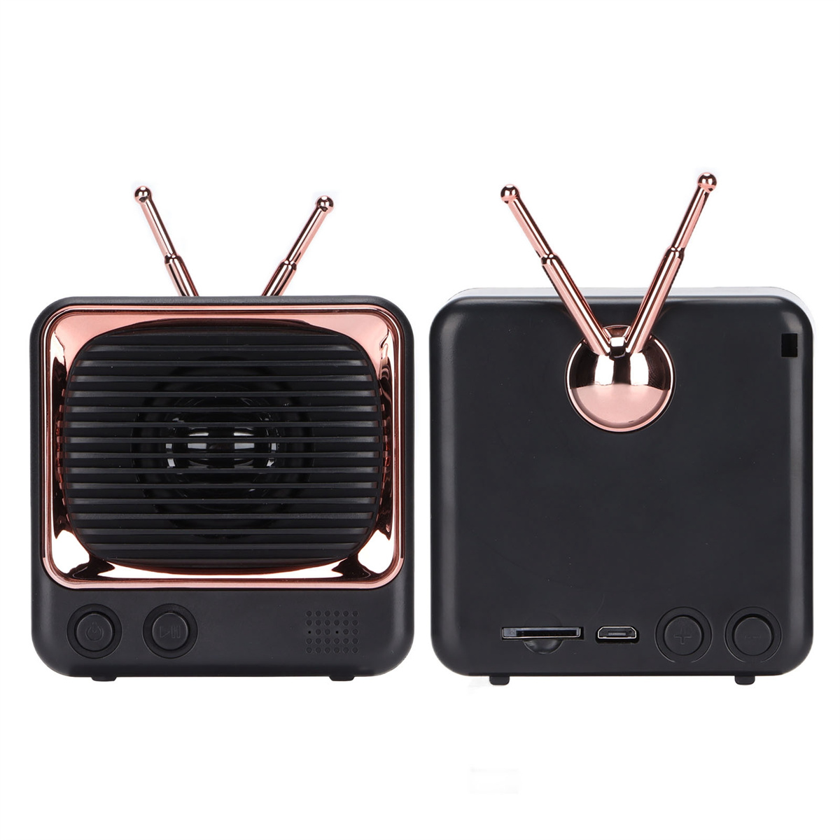 Schwarzer Lautsprecher in Retro-TV-Form mit roségoldenen Akzenten. Vorder- und Rückseite mit Antennen und Knöpfen.