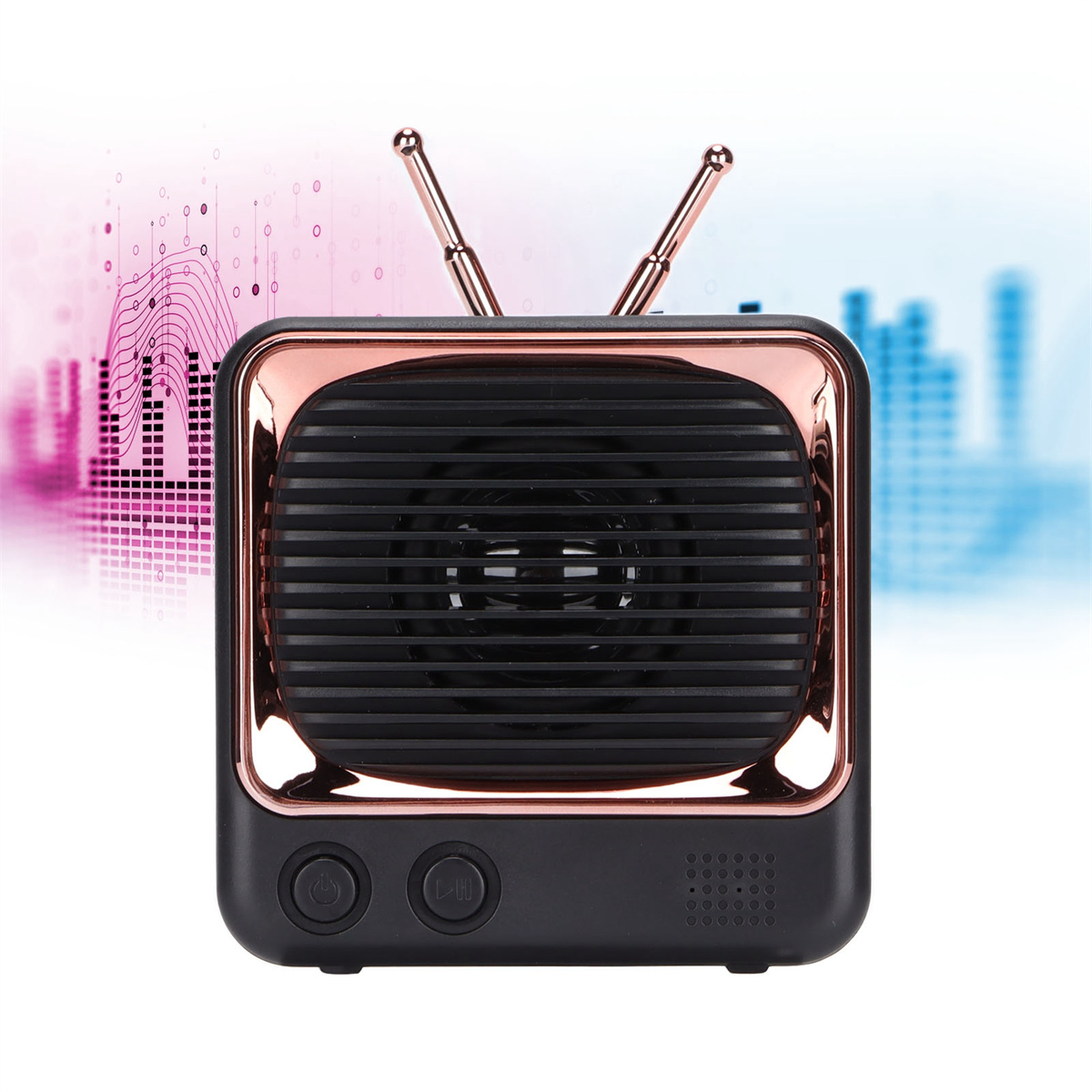 Lautsprecher im Retro-Stil in Schwarz und Roségold mit Antenne und Bedienelementen.