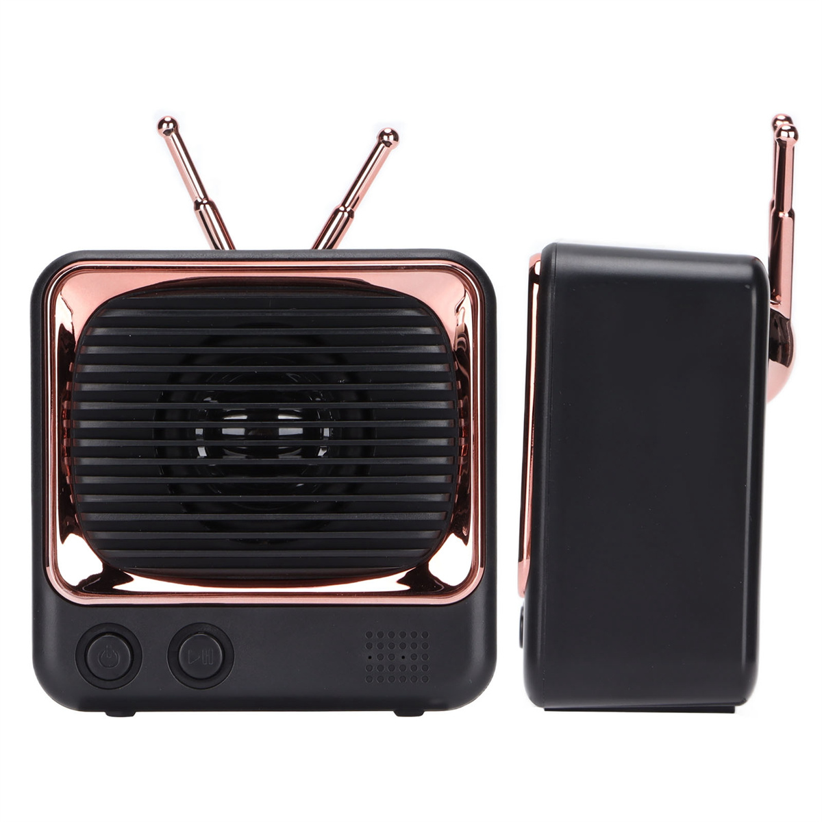 Zwei Ansichten eines schwarzen Lautsprechers in Retro-TV-Form mit roségoldfarbenen Zierleisten und Antennen.