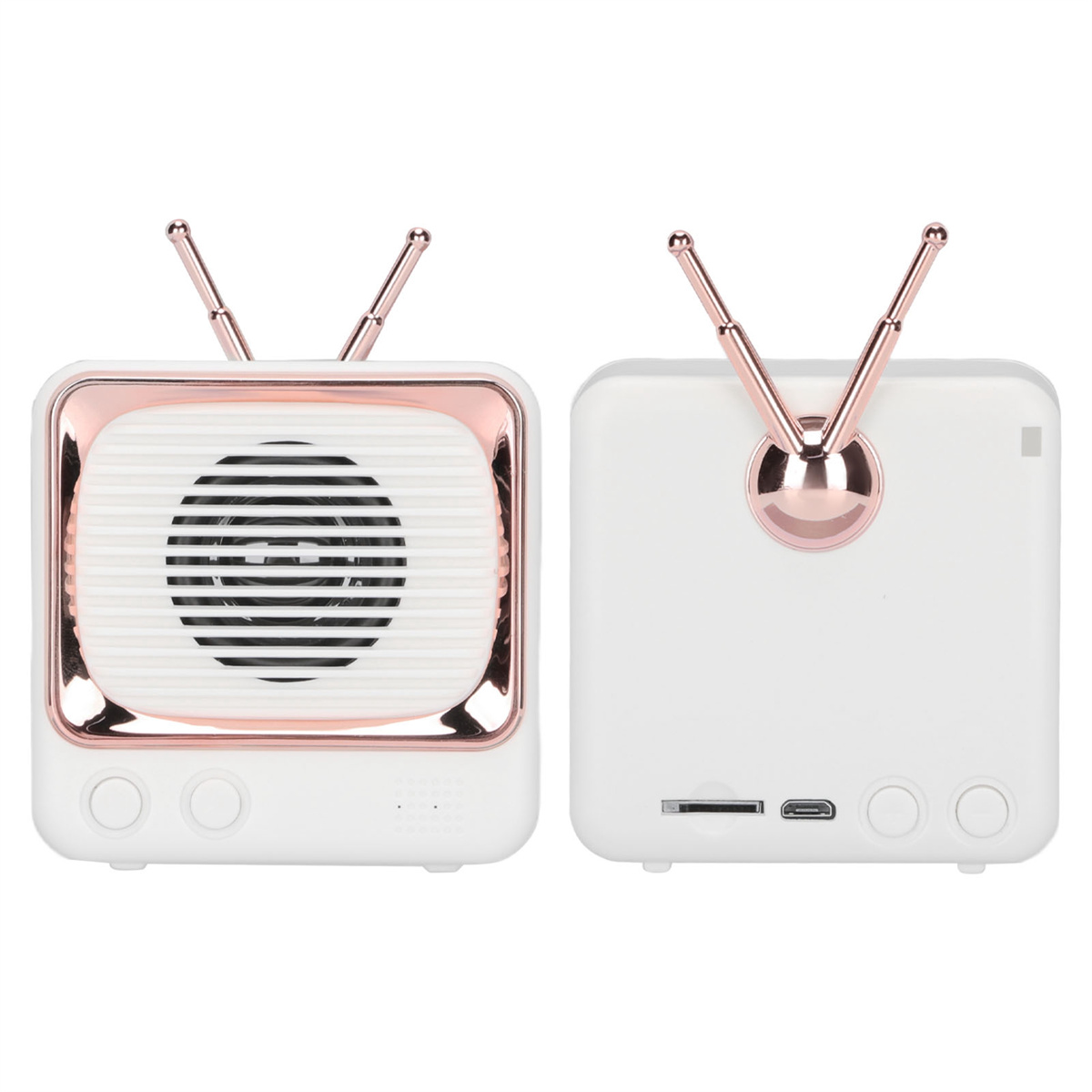 Weißer Lautsprecher in Retro-TV-Form. Roségold-Akzente. Zwei Ansichten.