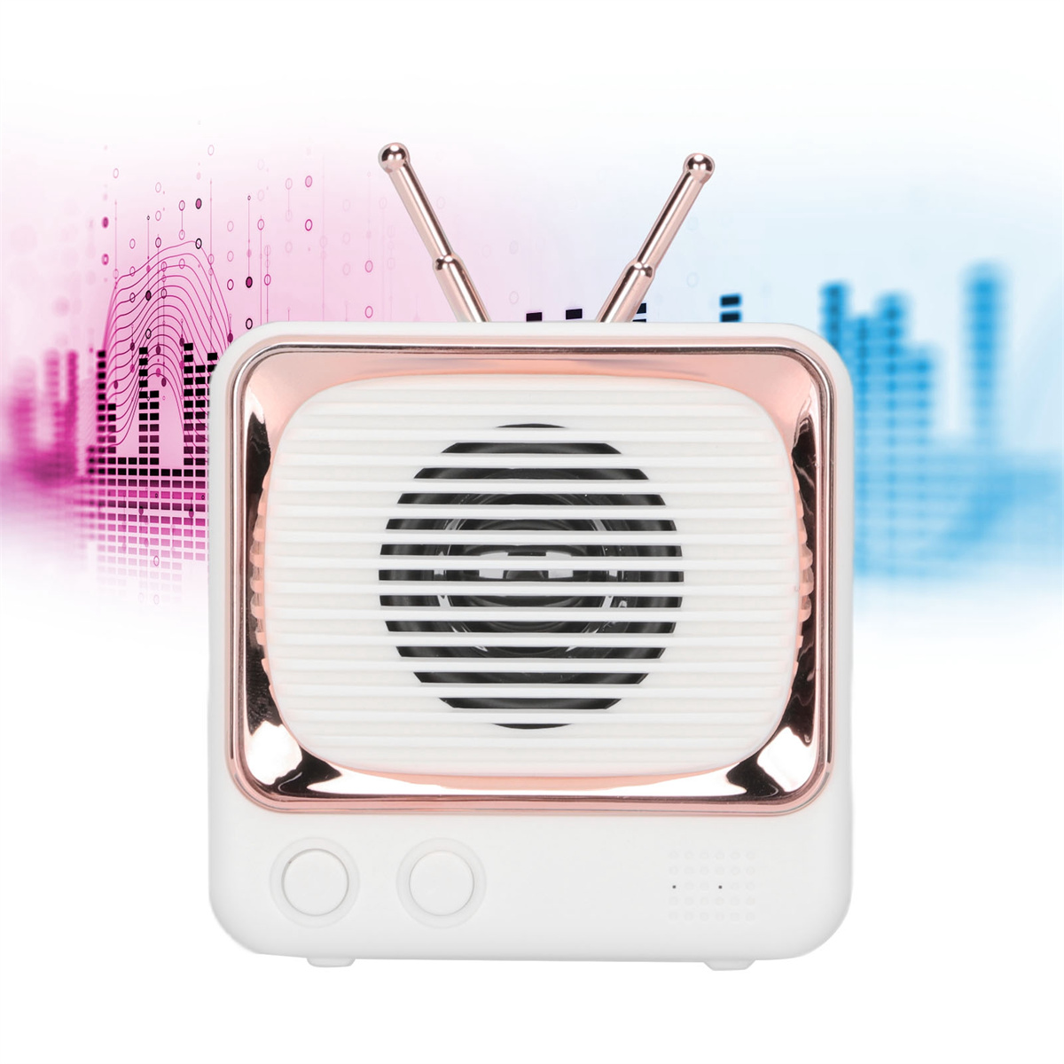 Ein Lautsprecher im Retro-Stil mit roségoldfarbenem Besatz, zwei Antennen und einem pink-blauen grafischen Hintergrund.