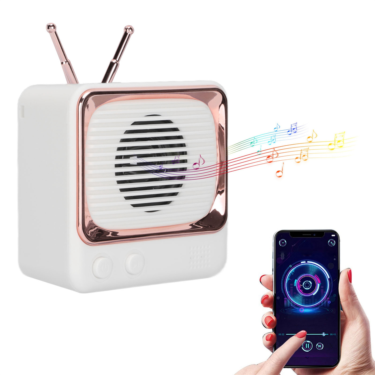 Ein weißer Lautsprecher im Retro-Stil mit roségoldenen Akzenten, Musiknoten und einem Telefon.