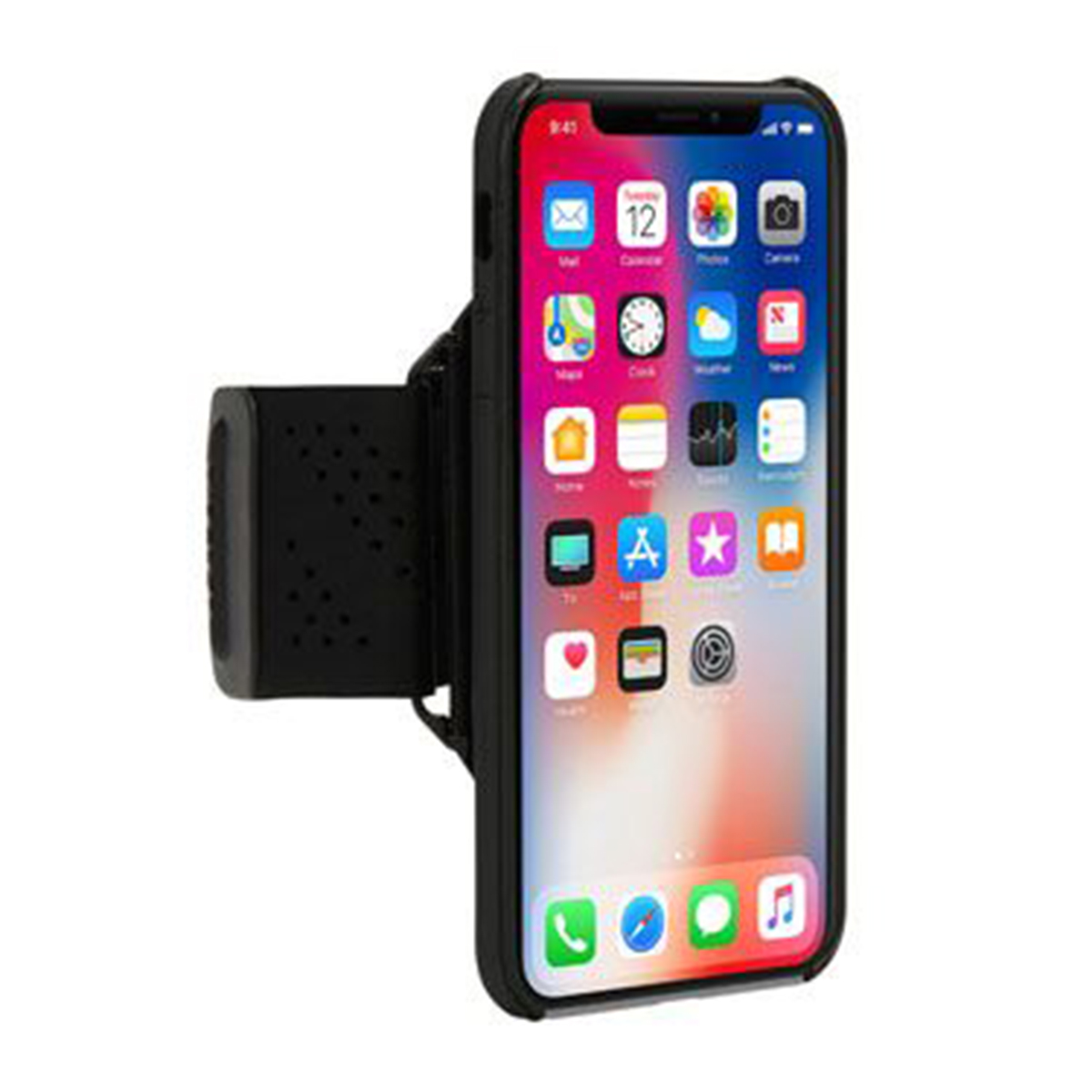 Ein Smartphone in einer schwarzen Armbinde. Das Telefon zeigt Apps auf dem Bildschirm.