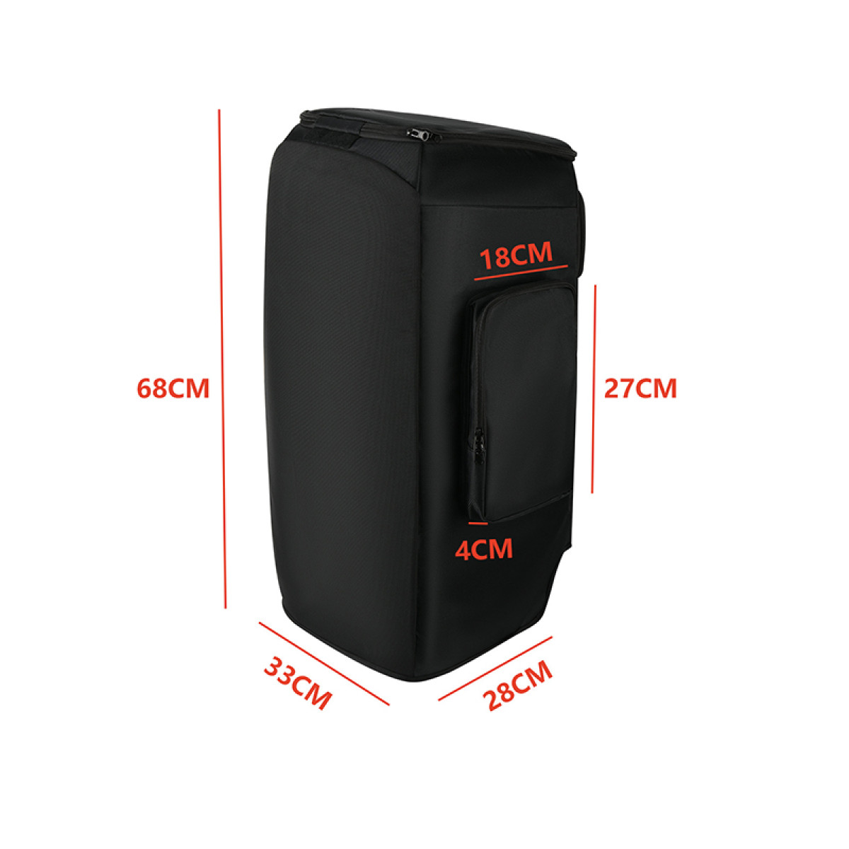 A black rectangular bag with dimensions labeled, with a small pocket on the side.