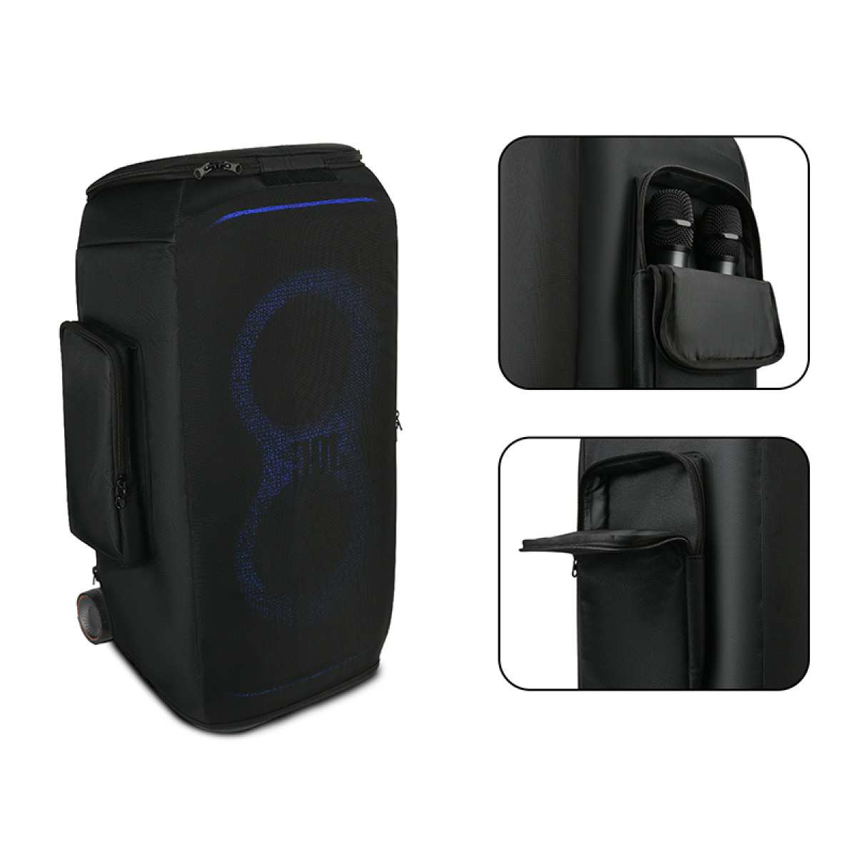 Black bag with a blue light. There are additional pockets and compartments.