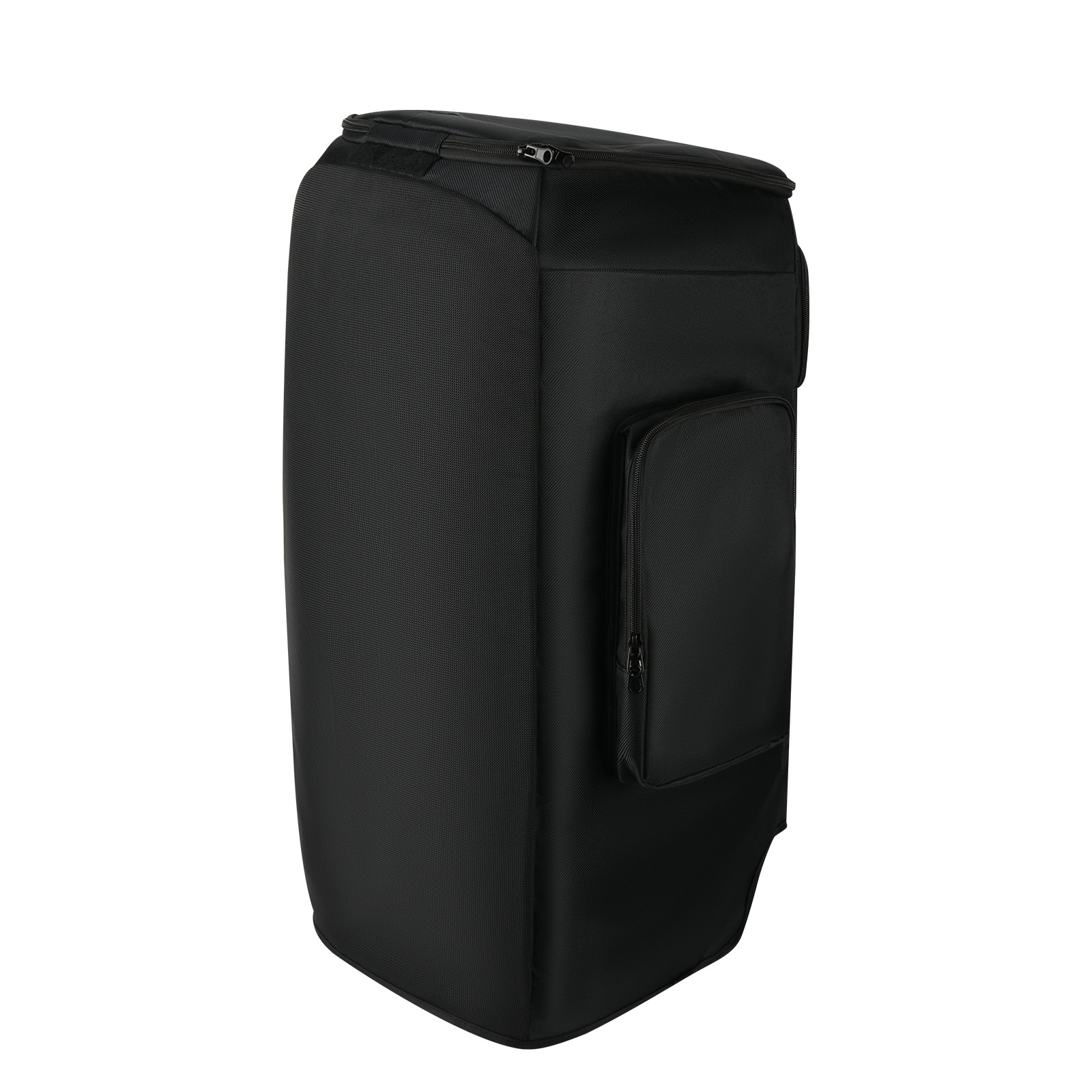 Black fabric storage bag with a zipper and pocket.
