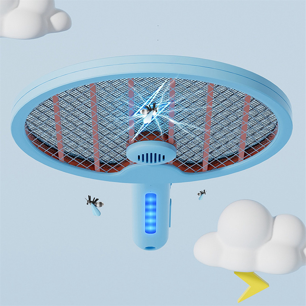 Ein blaues elektronisches Moskitoschutzgerät, mit Moskitos drumherum und Wolken am Himmel.