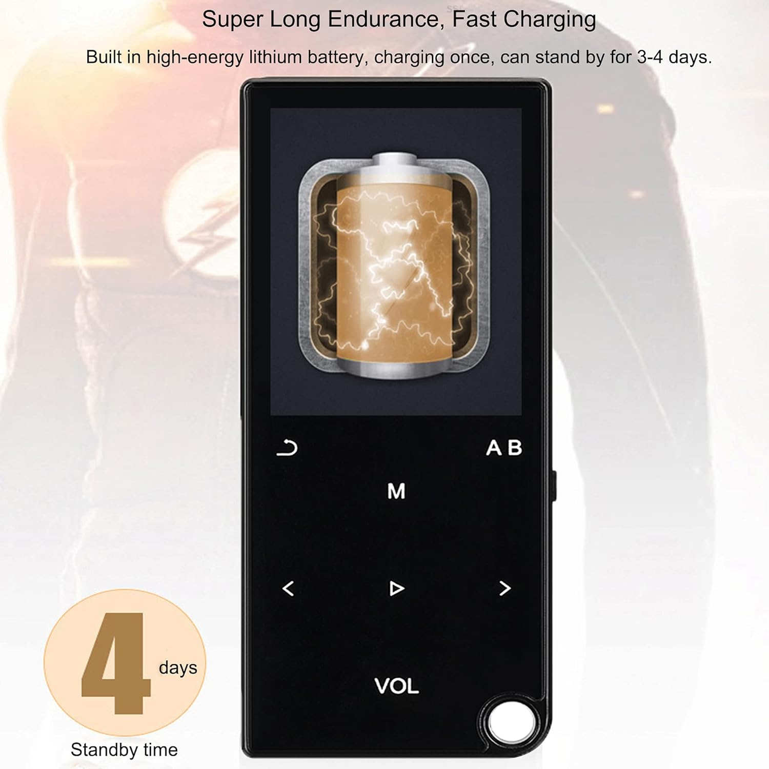 Schwarzer MP3-Player mit Bildschirm, Tasten und Akkusymbol. Text: 'Super lange Ausdauer'. Standby-Zeit: 4 Tage.