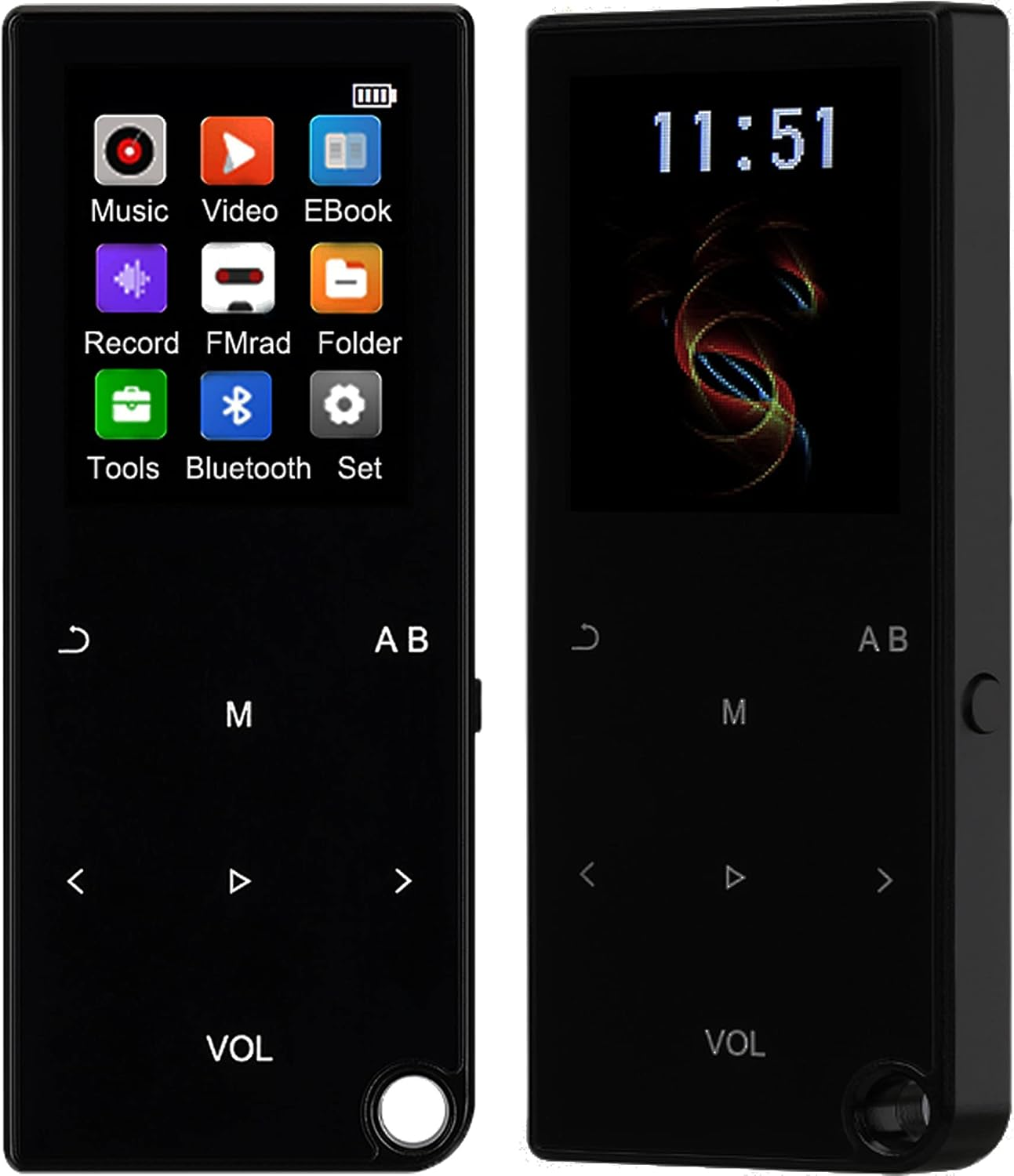Schwarzer MP3-Player mit Symbolen auf dem Display. Er hat einen Bildschirm, der die Zeit anzeigt.