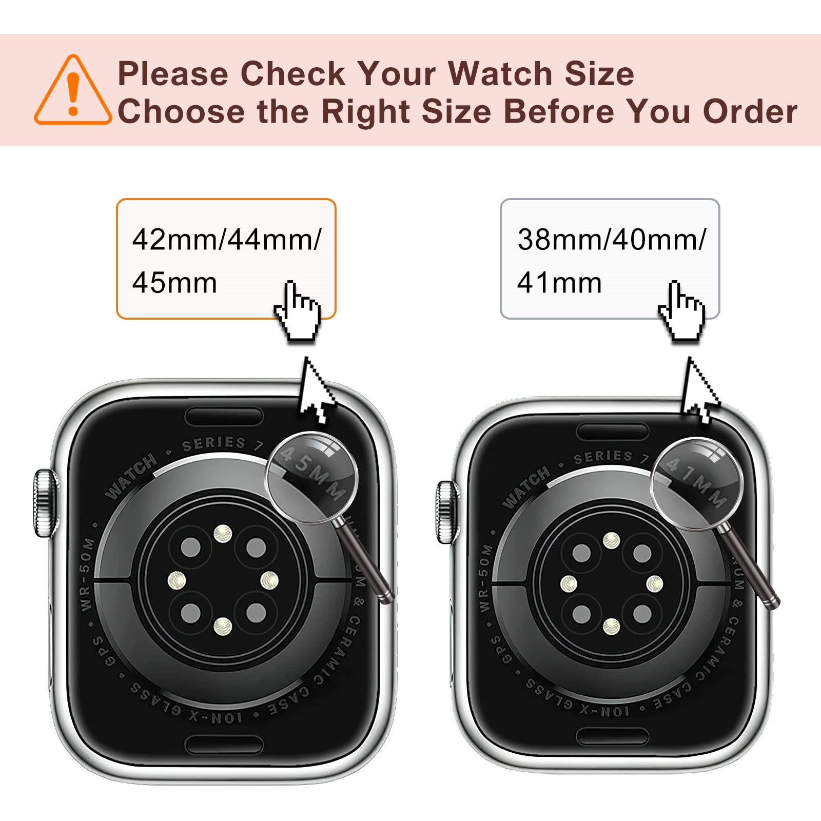 Zwei Smartwatches nebeneinander. Text zeigt Uhrgröße: 42/44/45mm und 38/40/41mm.