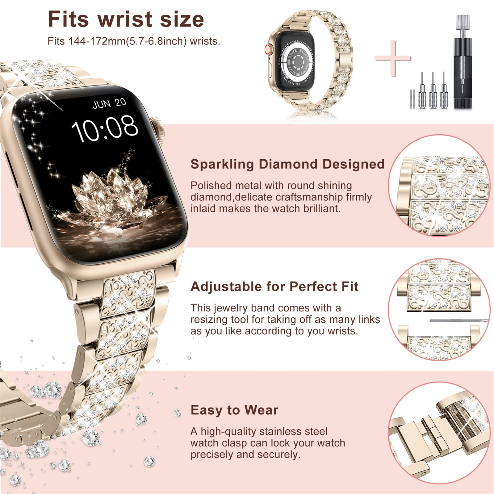 Goldene Uhr und Armband mit Diamanten. Details und Funktionen werden angezeigt.