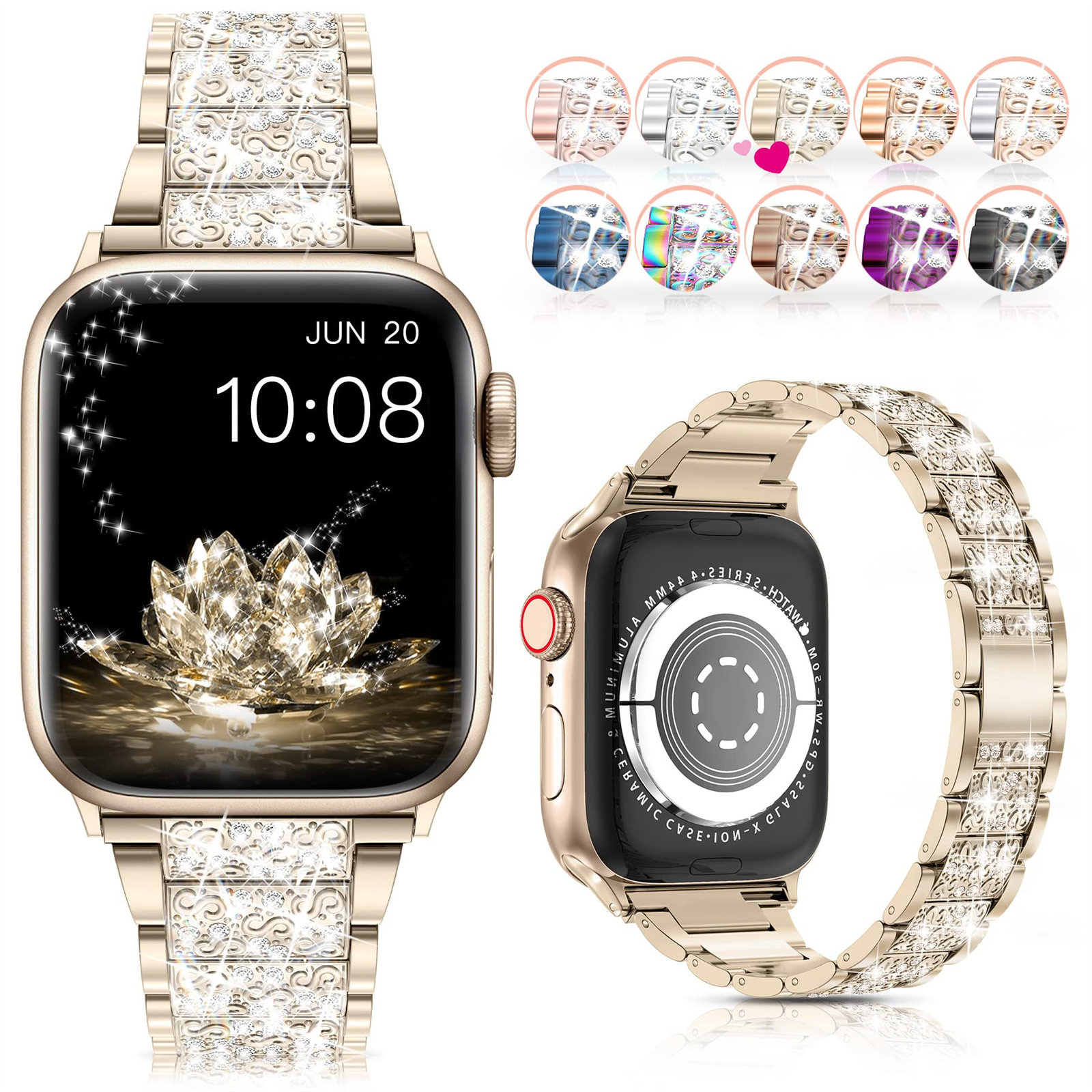 Goldene Smartwatch mit goldenem Armband mit Diamanten und einer Rückseite mit Kreis und anderen Armbandoptionen.