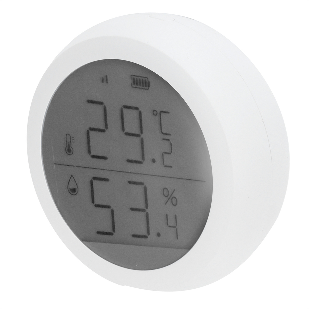 Ein weißes Gerät mit digitaler Anzeige, das Temperatur und Luftfeuchtigkeit anzeigt.