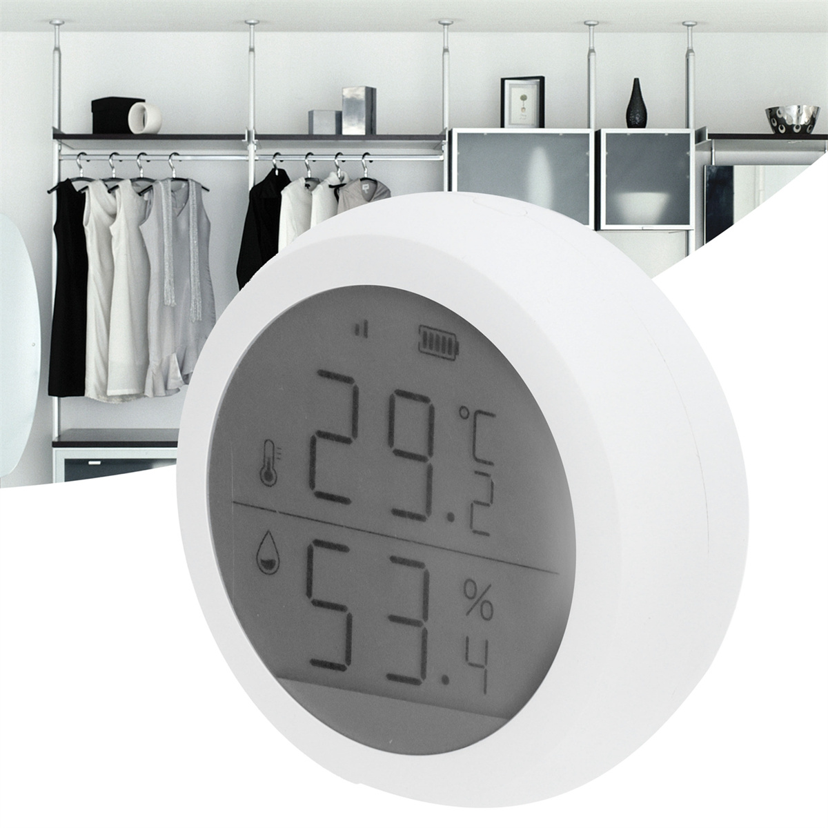 Weißes rundes elektronisches Display, das Temperatur- und Feuchtigkeitswerte anzeigt.