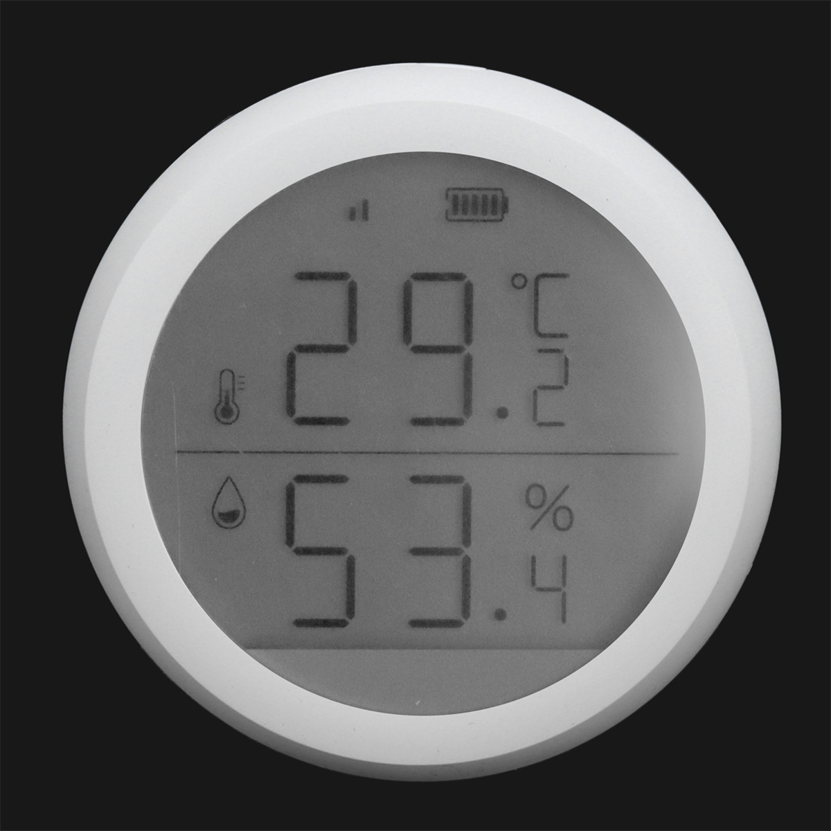 Ein digitales Display zeigt Temperatur und Luftfeuchtigkeit. Die Temperatur beträgt 29,5 und die Luftfeuchtigkeit 53,4 %.