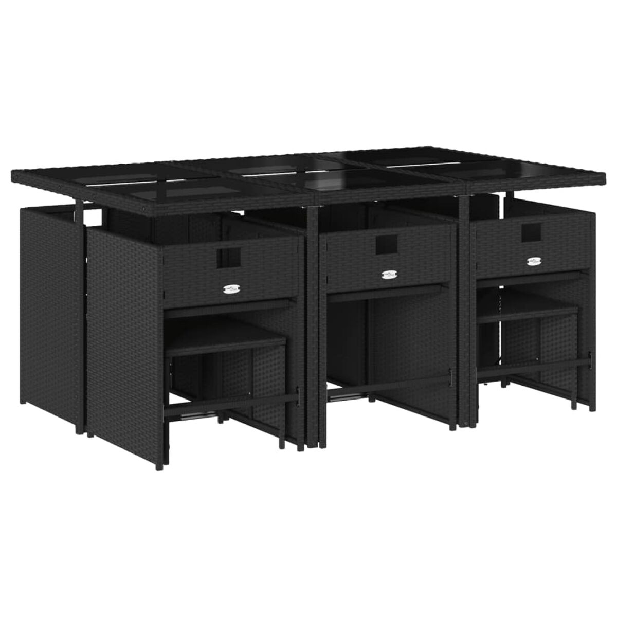 Schwarzes Ess-Set für draußen mit rechteckigem Tisch und sechs Würfelstühlen. Glasplatte und gewebtes Design.