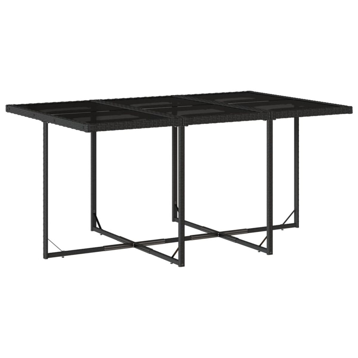 Schwarzer Korbtisch mit Glasplatte und Metallbeinen, auf weißem Hintergrund.