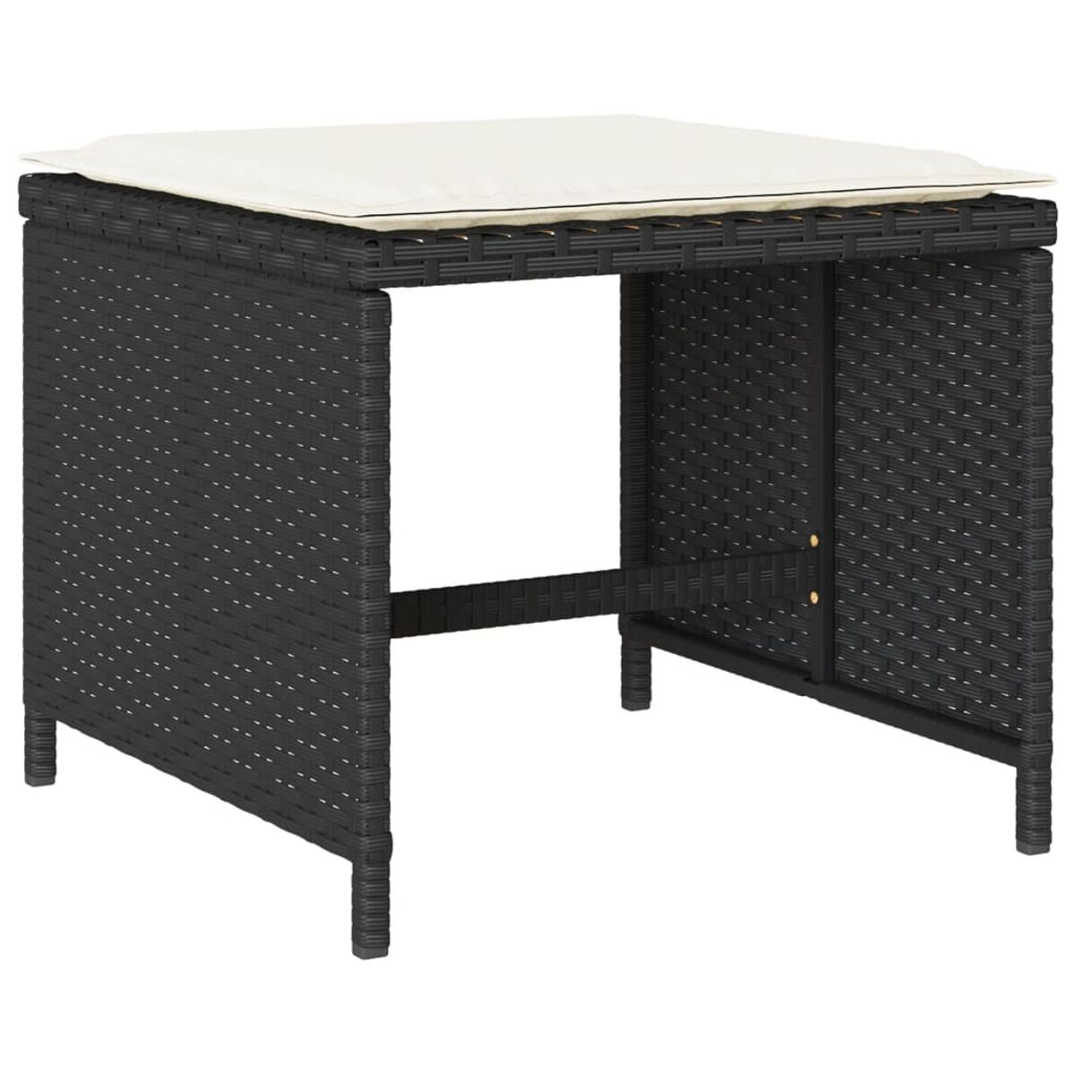 Schwarzer Korbtisch mit quadratischer Platte und weißem Kissen. Vier Beine tragen den Tisch.