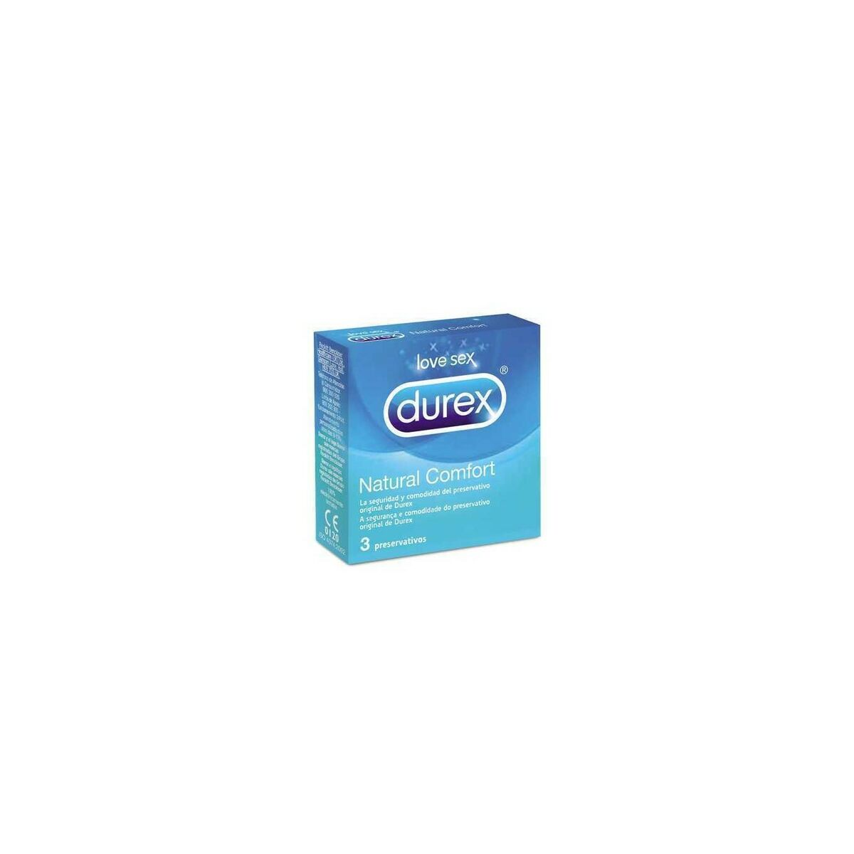 Eine blaue Schachtel mit Durex Kondomen, mit 'Natural Comfort'.