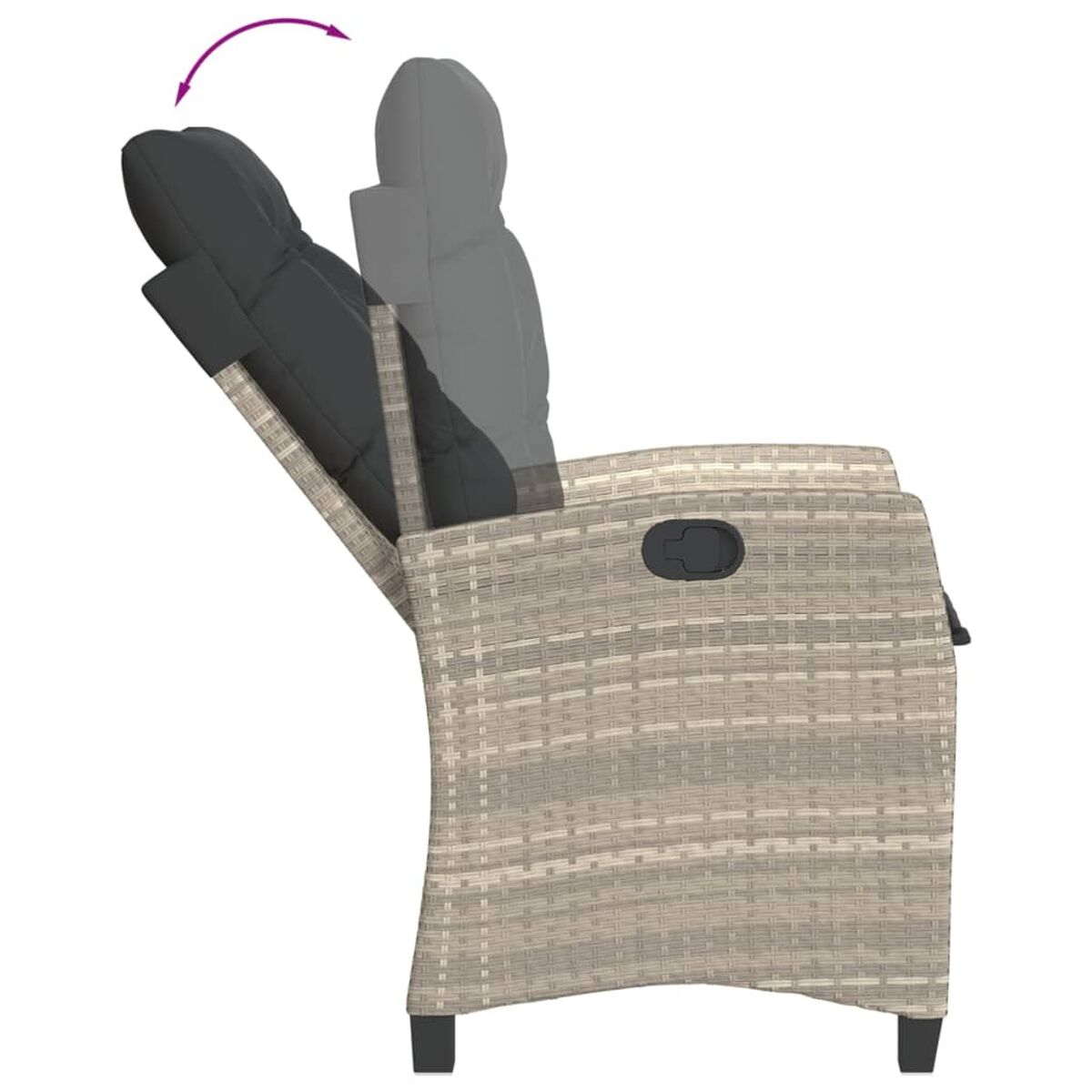 Sedia in rattan con cuscino grigio, schienale reclinato. Freccia indica il movimento.