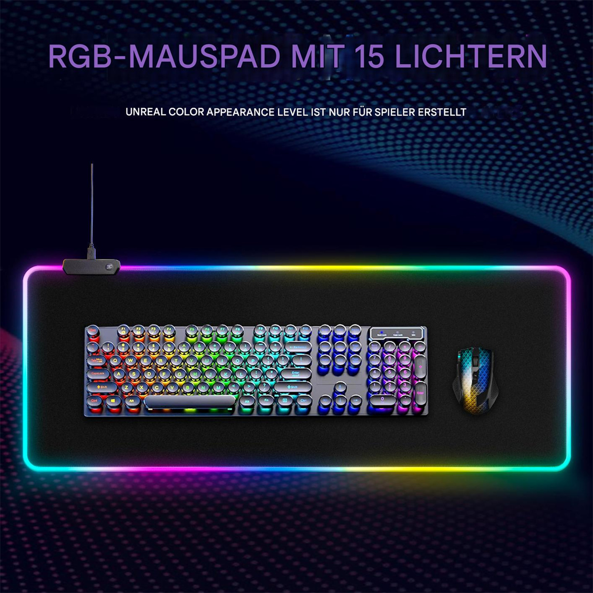 RGB-Gaming-Mauspad mit Tastatur und Maus. Das Pad hat bunte Lichter um sich herum.